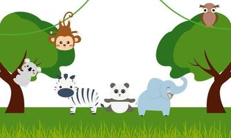 animais fofos da selva em estilo cartoon, animais selvagens, designs de zoológico para ilustração de fundo vetor