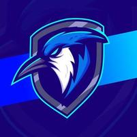 designs de logotipo esport de mascote de cabeça de pássaro azul jay para logotipo de jogo e esporte com escudo vetor