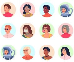 grande conjunto de avatares redondos femininos em estilo colorido funky. coleção de retratos de mulheres jovens diferentes. pessoas diversas. vetor