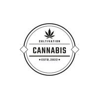 distintivo retrô vintage emblema cannabis maconha cânhamo retângulo design de logotipo estilo linear vetor