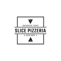 distintivo retrô vintage emblema fatia de pizza, pizzaria restaurante bar bistrô logotipo design estilo linear vetor