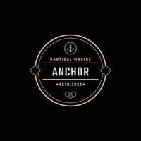 crachá retrô vintage emblema âncora navio barco logotipo design estilo linear em fundo preto vetor