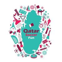 mapa do qatar competição esportiva de futebol, conjunto de ícones turísticos do qatar. fundo de doha na bandeira nacional de cor. dia Nacional. futebol do oriente médio. vetor