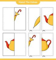 combine as metades. combine as metades do bule e do guarda-chuva. jogo educacional para crianças, planilha para impressão, ilustração vetorial vetor