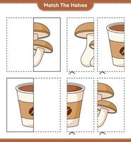 combine as metades. combine metades de shiitake e xícara de café. jogo educacional para crianças, planilha para impressão, ilustração vetorial vetor