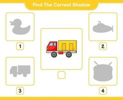encontre a sombra correta. encontre e combine a sombra correta do caminhão. jogo educacional para crianças, planilha para impressão, ilustração vetorial vetor