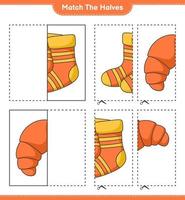 combine as metades. combine metades de meias e croissant. jogo educacional para crianças, planilha para impressão, ilustração vetorial vetor