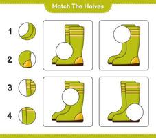 combine as metades. combinar metades de botas de borracha. jogo educacional para crianças, planilha para impressão, ilustração vetorial vetor