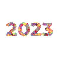 tipografia de fonte 2023 feita de pacote de ícones de trombetas, chifres, etc. colagem de doodle. conceito de ano novo para modelo, cartão, impressão, adesivo, etc. vetor