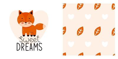 estampa de bebê fofo para pijama ou roupa de cama. animais da floresta para impressão em tecido. letras para crianças, bons sonhos. adorável raposa. ilustração vetorial vetor