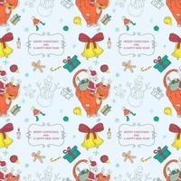 banner de padrão perfeito para design de natal e ano novo no estilo de doodle papai noel com um saco de presentes senta-se em um tigre no fundo de itens festivos vetor