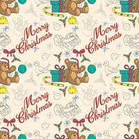 padrão de banner perfeito para design de natal e ano novo no estilo de ursinho doodle fica entre caixas de presente e itens festivos vetor