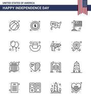 pacote de 16 sinais de linhas de celebração do dia da independência dos eua e símbolos de 4 de julho, como comemorar os eua mapa do país internacional editável dia dos eua vetor elementos de design