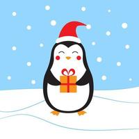 personagem de pinguim de desenho animado bonito com um presente. pinguim de natal. design de cartão de felicitações. ilustração vetorial em estilo simples vetor