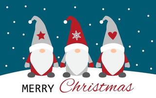 gnomo de natal. cartão de Natal com personagens de férias isoladas em fundo de neve. gnomos escandinavos bonitos em chapéus de Papai Noel no estilo cartoon. ilustração vetorial vetor