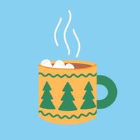 copo amarelo com cacau, café ou chocolate quente e marshmallows isolados em fundo azul. bebida quente de inverno. caneca com enfeite de árvore de Natal verde. ilustração vetorial plana vetor