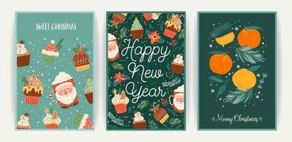 conjunto de cartões de natal e feliz ano novo. ilustrações brilhantes bonitos witn símbolos de ano novo... modelos de design de vetor. vetor