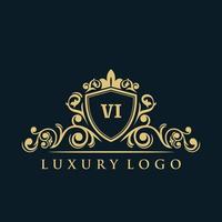 logotipo da letra vi com escudo de ouro de luxo. modelo de vetor de logotipo de elegância.