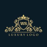 letra ws logotipo com escudo de ouro de luxo. modelo de vetor de logotipo de elegância.