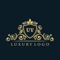 logotipo uv da letra com escudo de ouro de luxo. modelo de vetor de logotipo de elegância.