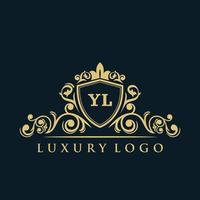 logotipo da letra yl com escudo de ouro de luxo. modelo de vetor de logotipo de elegância.