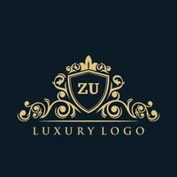 logotipo da letra zu com escudo de ouro de luxo. modelo de vetor de logotipo de elegância.