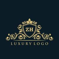 logotipo da letra zh com escudo de ouro de luxo. modelo de vetor de logotipo de elegância.