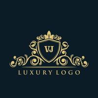 logotipo da letra vj com escudo de ouro de luxo. modelo de vetor de logotipo de elegância.