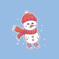 bonito dos desenhos animados boneco de neve patinação no gelo em ilustração vetorial. vetor de personagem isolado. estilo cartoon plana