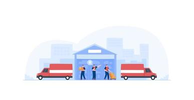 pessoas que trabalham no armazém de distribuição de entrega. serviço de armazenamento e entrega. veículo de transporte. ilustração vetorial vetor