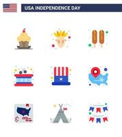 feliz dia da independência 4 de julho conjunto de 9 apartamentos pictograma americano dos eua cap corn dog instrumento americano editável dia dos eua vetor elementos de design