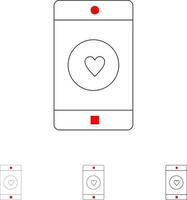 aplicativo móvel aplicativo móvel como conjunto de ícones de linha preta em negrito e fino de coração vetor
