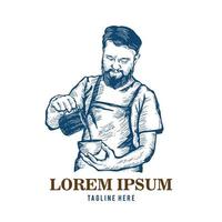 o barista está fazendo ilustração vetorial de café estilo de design desenhado à mão, bom para logotipo de café e decoração de parede café também design de camiseta vetor