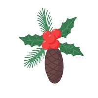 linda decoração de natal com um cone e bagas isoladas no fundo branco. ilustração vetorial desenhada à mão em estilo simples. vetor