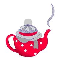 bule vermelho quente com bolinhas brancas no chapéu e envolto com lenço e há vapor. festa do chá de natal, decoração. bebida quente vetor