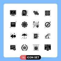 16 símbolos universais de glifos sólidos de caixa, documento de ventilador, computador, internet, elementos de design de vetores editáveis