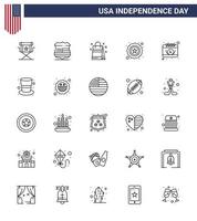 linha do dia da independência dos eua conjunto de 25 pictogramas dos eua do calendário estrela de segurança dos eua americana editável eua elementos de design do vetor do dia