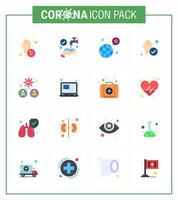 Pacote de ícones de 16 cores planas de coronavírus covid19, como limpo, proteger, lavar as mãos, coronavírus viral, doença de 2019nov, elementos de design de vetor