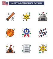 feliz dia da independência 9 linhas planas preenchidas pacote de ícones para web e imprimir eua bola estrela americana marco editável dia eua vetor elementos de design