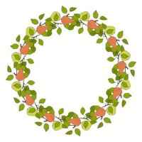 círculo de grinalda de peras de galhos com frutas laranja e verde, rabisco, moldura redonda com galhos, folhas e frutas. vetor