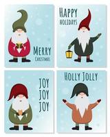 gnomos engraçados bonitos dos desenhos animados em chapéus. conjunto de cartões de feliz natal e feliz ano novo com gnomos e parabéns. caracteres nórdicos e escandinavos. coleção de cartões de férias de inverno. vetor