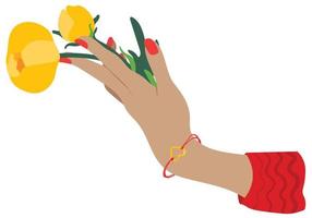 mão feminina dando flor de botão de ouro. adequado para site, adesivos, cartões postais. vetor
