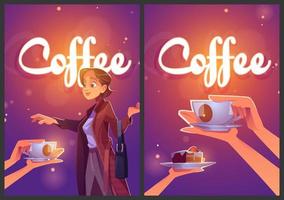 cartazes de anúncios de desenhos animados de café, mulher toma um copo de bebida vetor