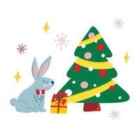 cartaz vetorial com lindo coelho cinza de natal e esquilo em estilo cartoon, símbolo do ano, presentes e flocos de neve. ilustração festiva para cartões postais, cartazes, design, tecidos. vetor