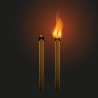 palitos de fósforo realistas novos, ardentes e queimados em fundo preto. símbolo de perigo e objeto inflamável ilustração vetorial vetor