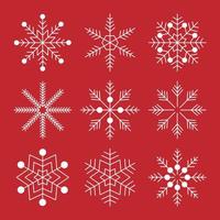 conjunto de arte de clipe de coleção de flocos de neve brancos sobre fundo vermelho isolado. elementos de neve para banner de natal e ano novo, cartões de felicitações. ornamentos, celebração do feriado, scrapbooking. vetor