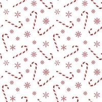 padrão perfeito com bastões de doces de natal e flocos de neve em fundo branco isolado. design de férias para papel de embrulho, decoração, cartão de felicitações e celebração do inverno, natal ou ano novo. vetor