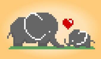 Pixels de elefante de 8 bits. animais em ilustrações de mães elefantes vetoriais e seus filhos. padrão de ponto cruz. vetor