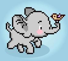 Pixels de elefante de 8 bits brincam com um pássaro. animais felizes para ponto cruz em ilustrações vetoriais. vetor