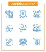 9 conjunto azul de ícones epidêmicos de vírus corona, como cuidados de saúde, preparação de coronavírus, tigela de mistura viral, elementos de design de vetor de doença de 2019nov